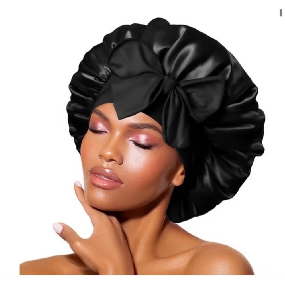 Women Satin Bonnet Night Sleep Cap Curl Hair Hat Silk Head Cover Wide Band Black